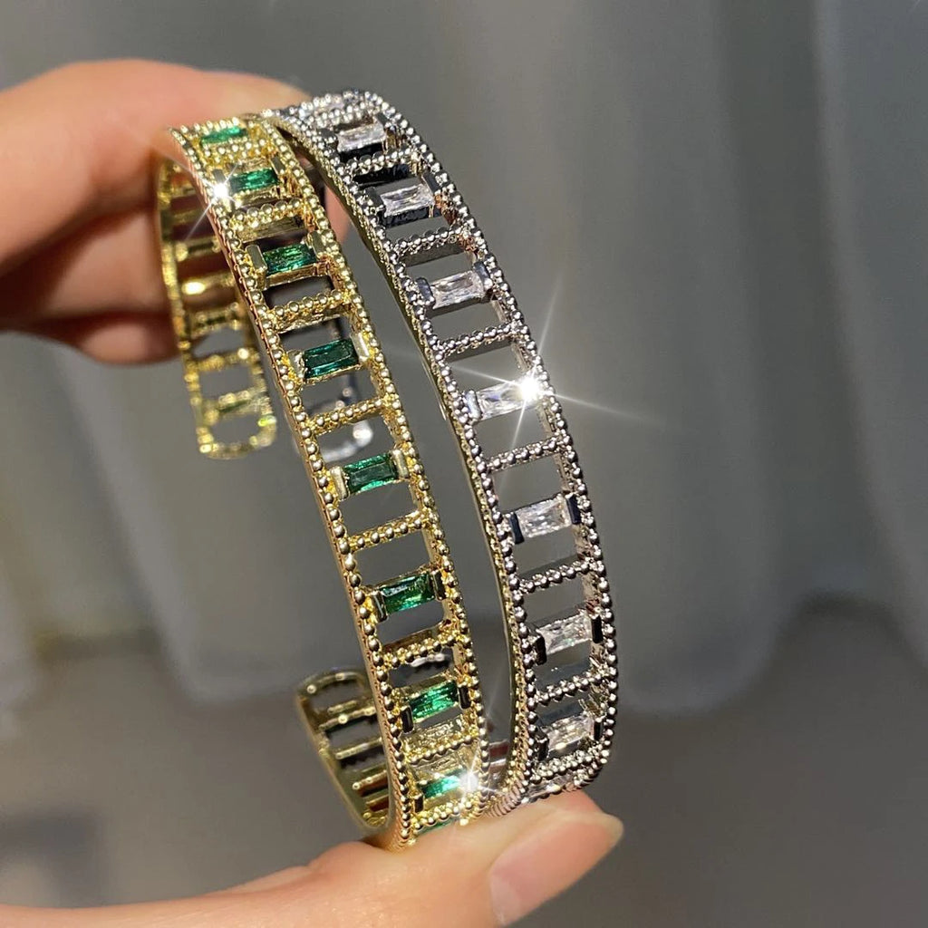 Vintage Green Crystal Charm Cuff Bracelet Bangle for Women