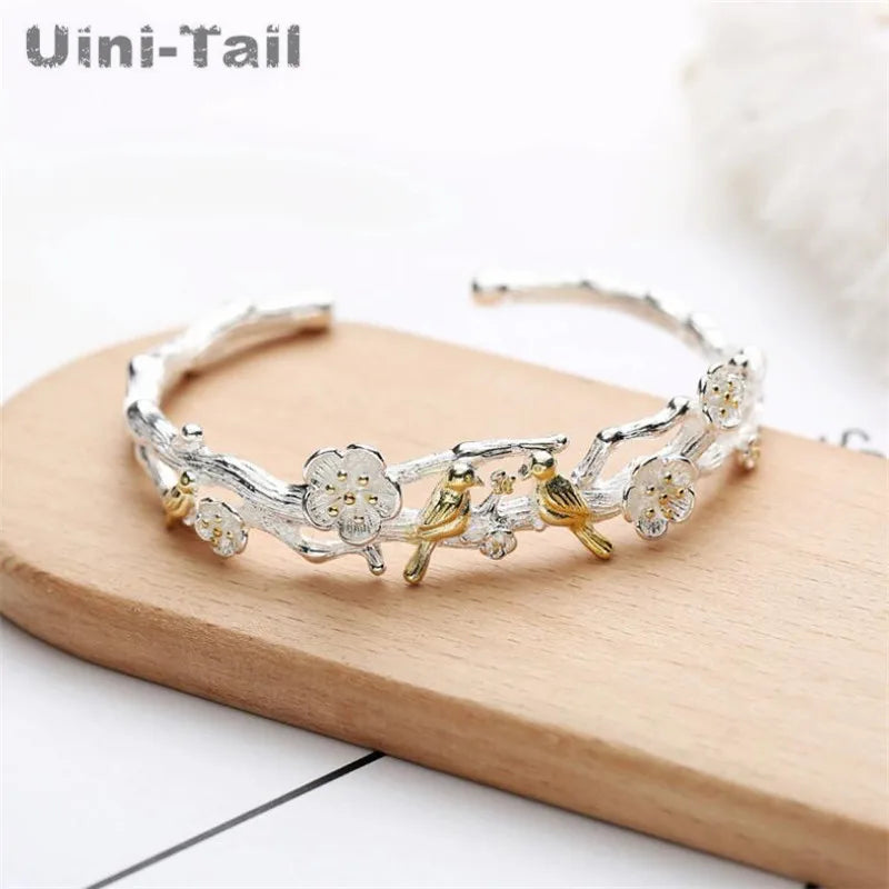 Uini-Tail Silver Bird Plum Blossom Bracelet: Chinese Open Silver Jewelry
