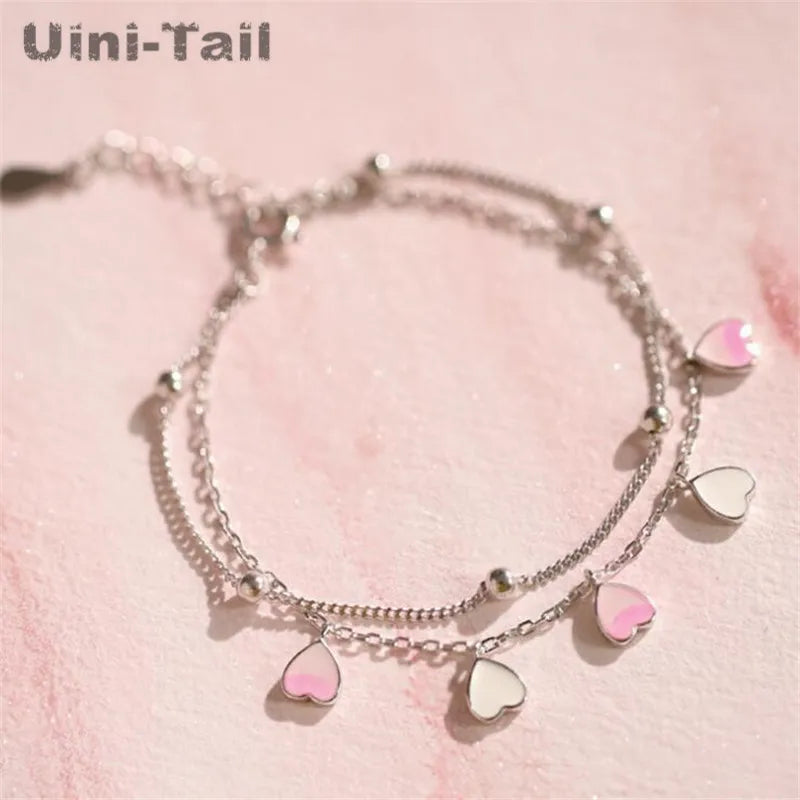 Pink Heart Double-layer Bracelet Sweet Cherry Girl Pink Jewelry
