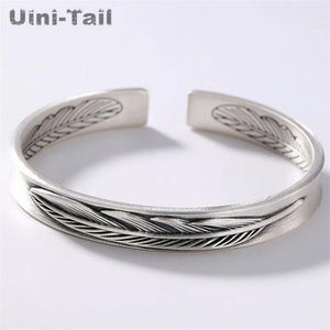 Uini-Tail 925 Tibetan Silver Feather Bracelet Couple Models Open Bracelet