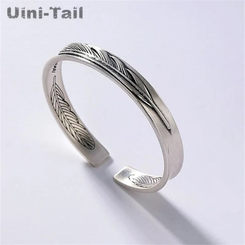 Uini-Tail 925 Tibetan Silver Feather Bracelet Couple Models Open Bracelet