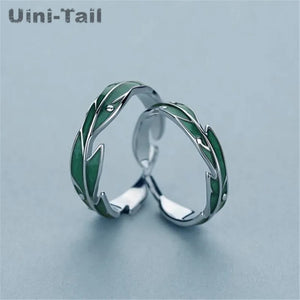 Uini-Tail 925 Tibetan Silver Green Banana Leaf Couple Ring Sweet