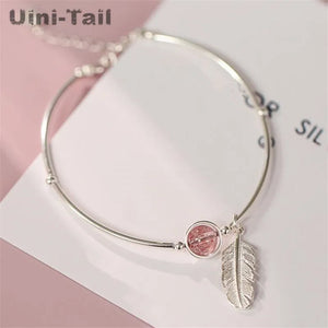 Uini-Tail Hot 925 Tibetan Silver Feather Pink Strawberry Bracelet