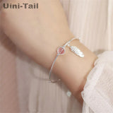 Uini-Tail Hot 925 Tibetan Silver Feather Pink Strawberry Bracelet