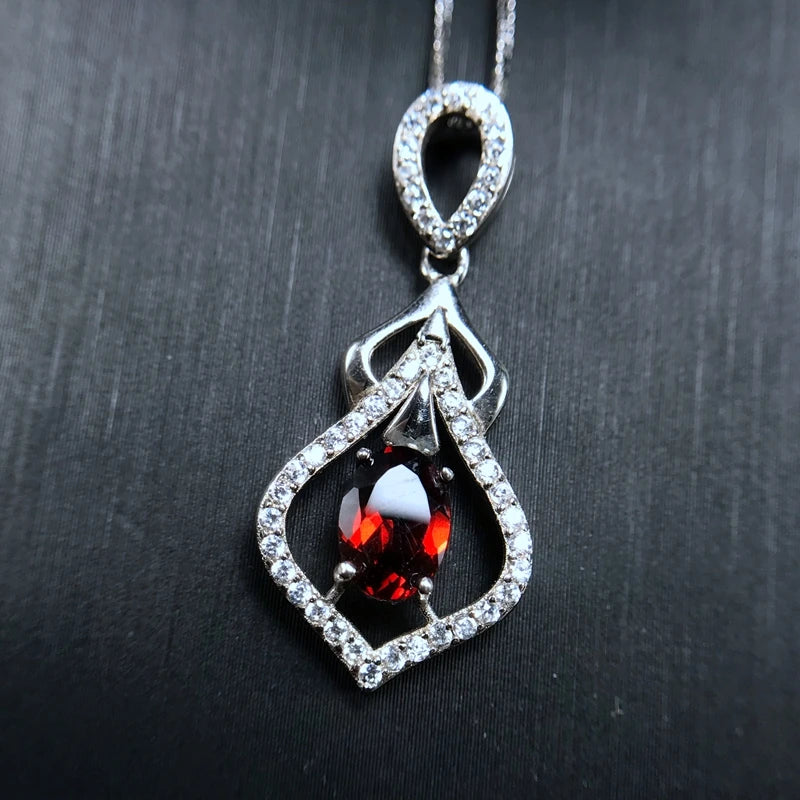 Red Garnet Stone Pendant Necklace 925 Sterling Silver Gemstone Pendant