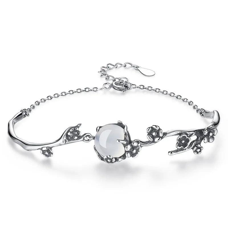 Thai Silver Plum Blossom Bracelet, Moonlight Stone Flower Bracelet
