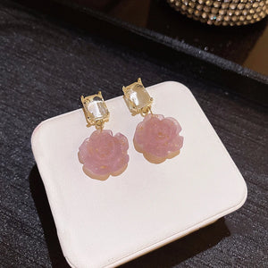 Retro Crystal Rose Flower Women Earrings French Temperament Ear Jewelry