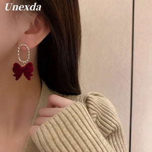 Red Velvet Bow Knot Earrings Tassel Earrings for Women