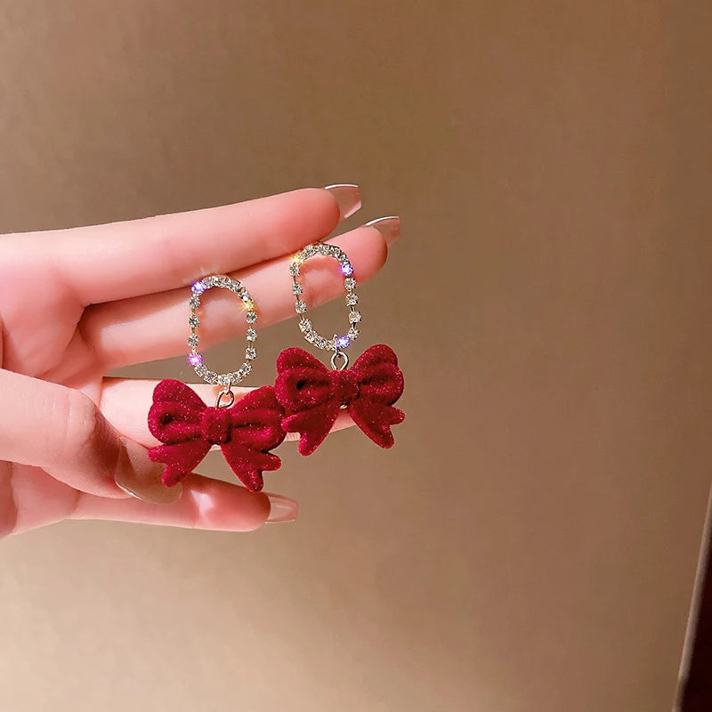 Red Velvet Bow Knot Earrings Tassel Earrings for Women