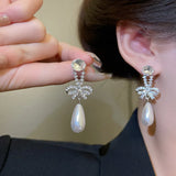Tassel Long Pearl Earrings Diamond Bow Knot High-end Ear Jewelry