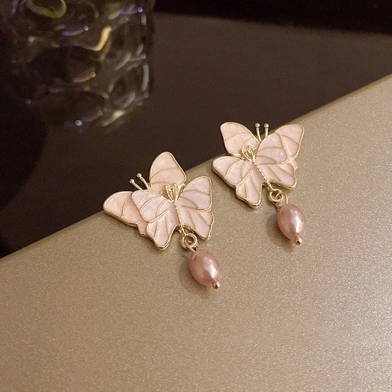 Chinese Style Pearl Butterfly Earrings