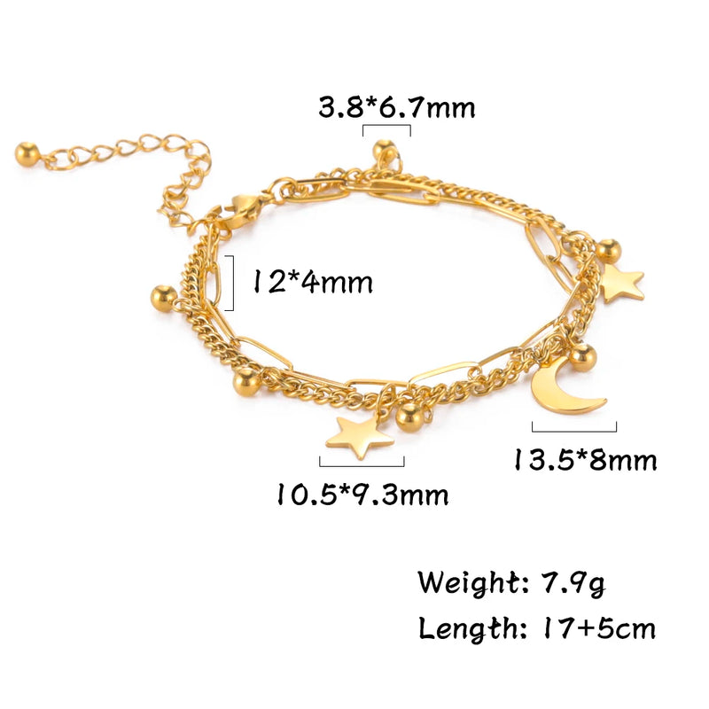 Star Moon Bracelets Stainless Steel Charm Beads Chain Bangle Kpop Jewelry