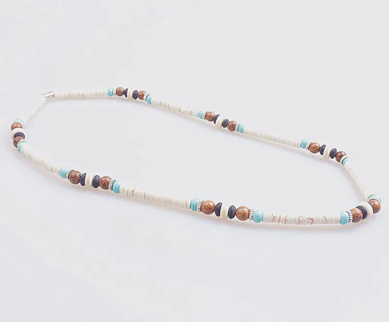 6mm Stone Bead Surfer Necklace White Wood Beads Tribal Jewelry