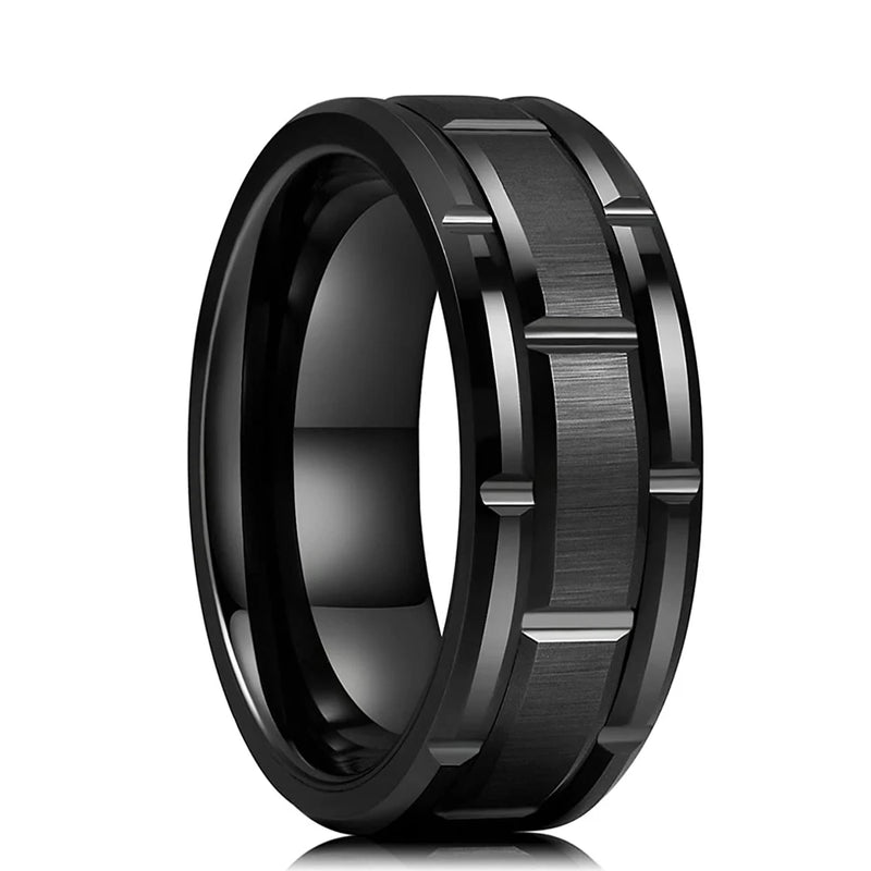 8MM Tungsten Carbide Hammered Ring with Dyed Wood Inlay Multi-Faceted Men's Band