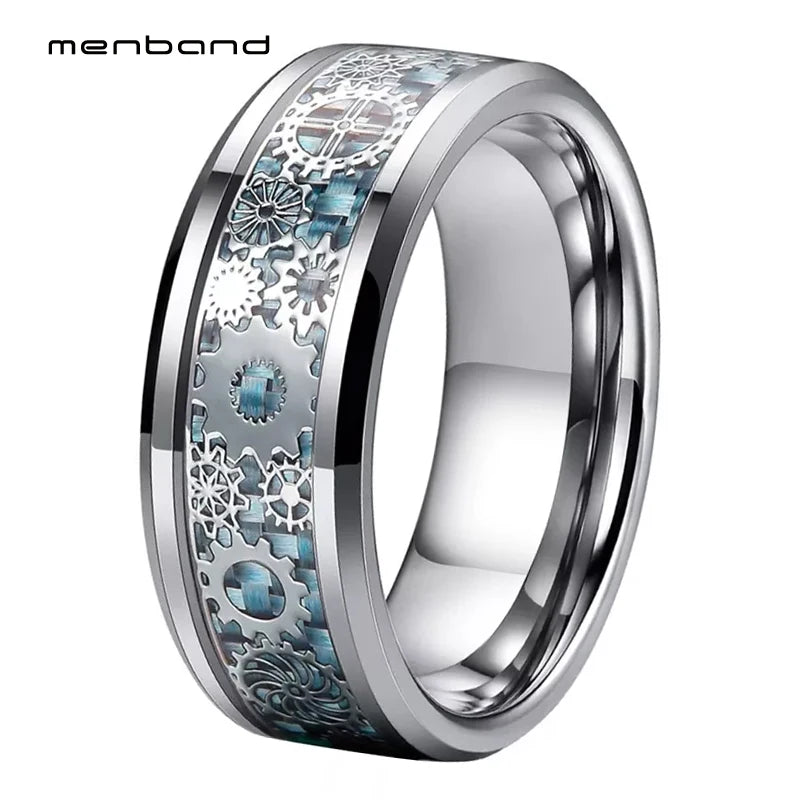 8mm Tungsten Carbide Gear Wheel Ring with Carbon Fiber Inlay