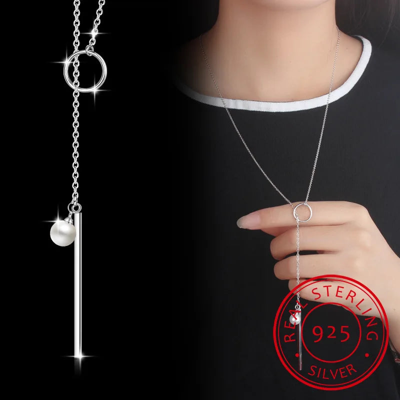 925 Silver Circle Strip Bar Pendant Necklace Adjustable Chain for Women LN0194