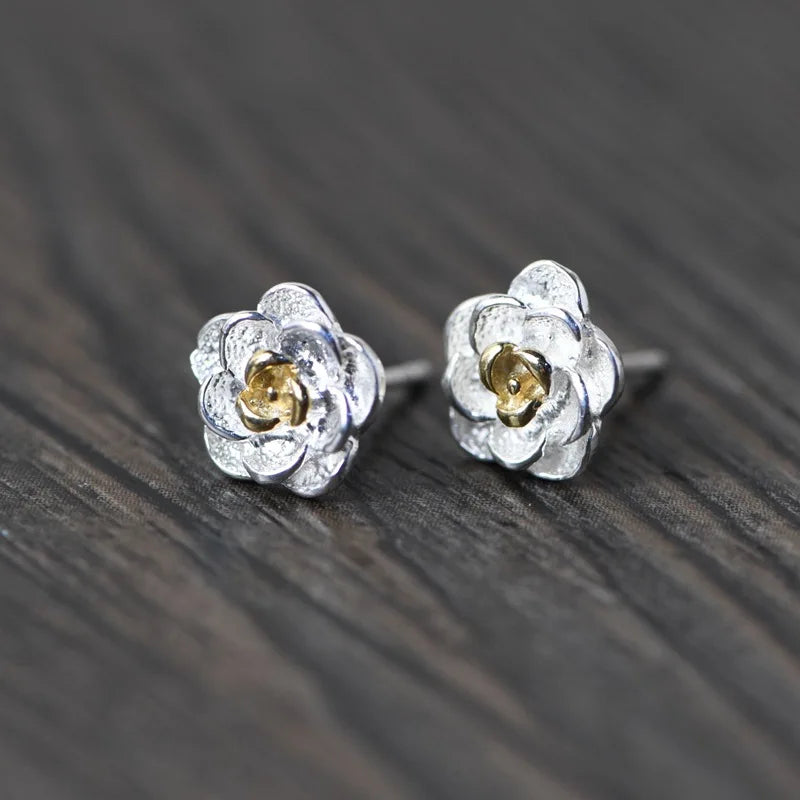 925 Silver Plated Rose Flower Stud Earrings for Women EH073