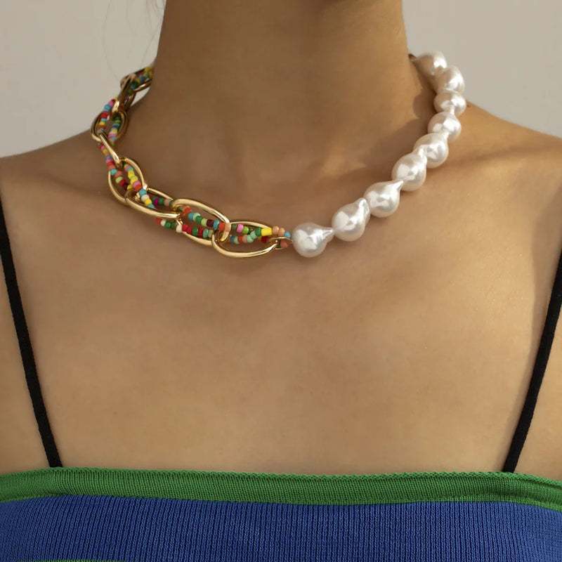 Baroque Pearl Choker Necklace Asymmetry Statement Seed Bead Twisted Chain