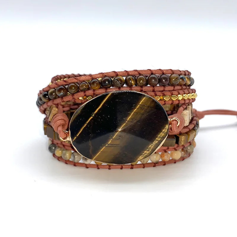 Tiger Eye Wrap Bracelet for Women Geometric Stone Beadwork Boho