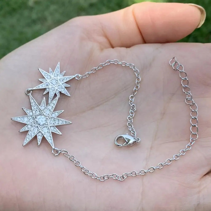 925 Silver Pave CZ Double Star Wedding Bracelet Gift For Women