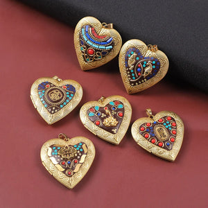 Carved Metal Brass Heart Photo Locket Pendant Charm for Women Men