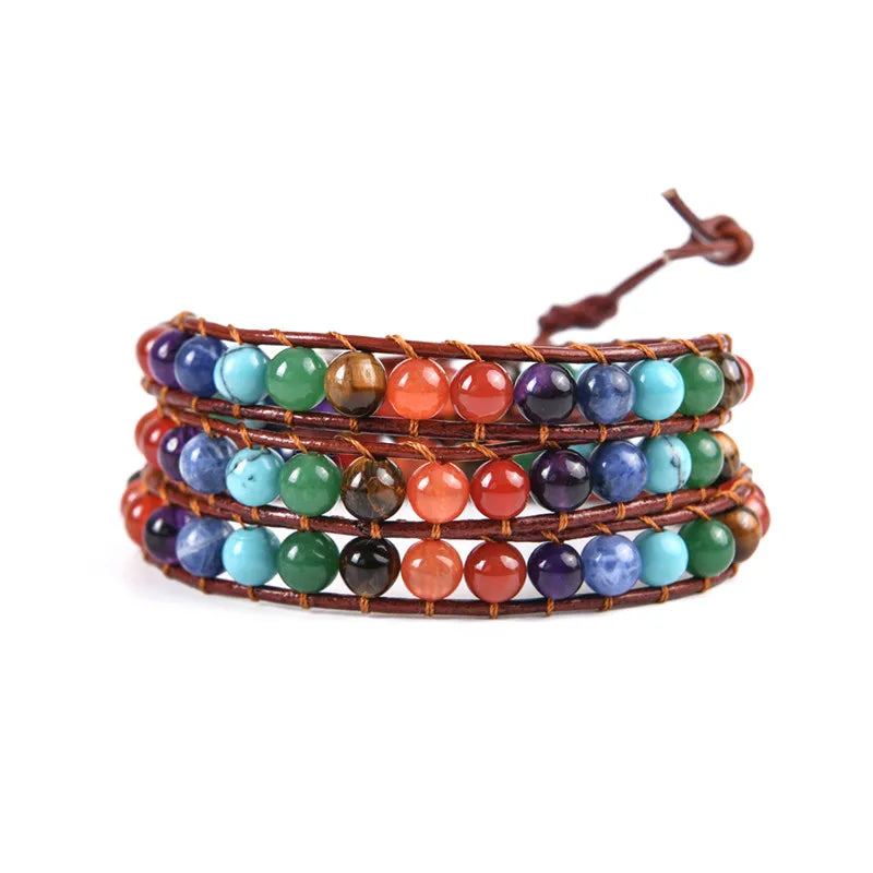Chakra Bracelet Leather Wrap Beads Stone Jewelry