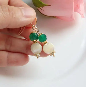 Real Pearl Green Emerald Earrings Agate Beads Fine Jewelry