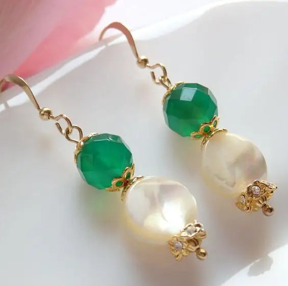 Real Pearl Green Emerald Earrings Agate Beads Fine Jewelry