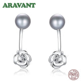 925 Silver Rose Flower Pearl Stud Earrings Women Silver Jewelry