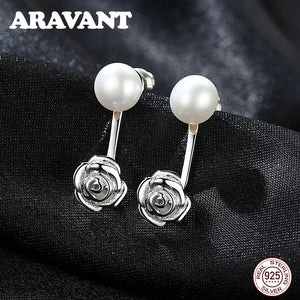 925 Silver Rose Flower Pearl Stud Earrings Women Silver Jewelry