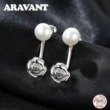 925 Silver Rose Flower Pearl Stud Earrings Women Silver Jewelry