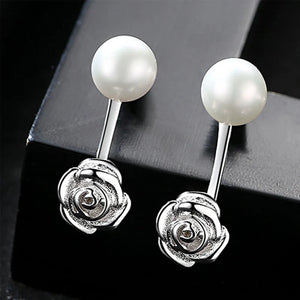 925 Silver Rose Flower Pearl Stud Earrings Women Silver Jewelry
