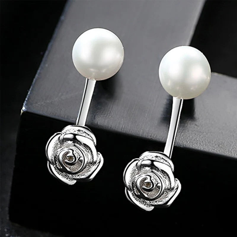 925 Silver Rose Flower Pearl Stud Earrings Women Silver Jewelry