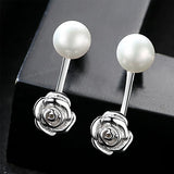 925 Silver Rose Flower Pearl Stud Earrings Women Silver Jewelry