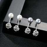 925 Silver Rose Flower Pearl Stud Earrings Women Silver Jewelry