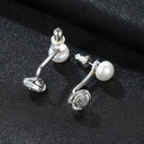 925 Silver Rose Flower Pearl Stud Earrings Women Silver Jewelry