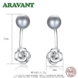 925 Silver Rose Flower Pearl Stud Earrings Women Silver Jewelry
