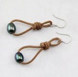 AA Leather Pear Earrings Freshwater Pearls S925 Sterling Silver Dangle