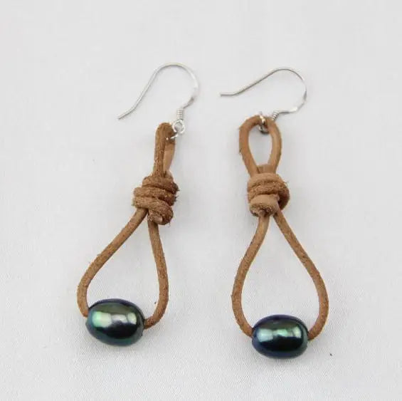 AA Leather Pear Earrings Freshwater Pearls S925 Sterling Silver Dangle
