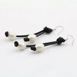 AA Leather Pear Earrings with Pearls S925 Sterling Silver Dangle Fine Jewelry