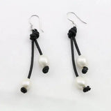 AA Leather Pear Earrings with Pearls S925 Sterling Silver Dangle Fine Jewelry