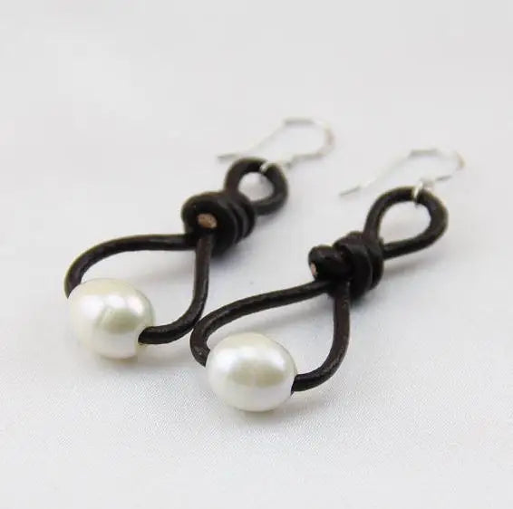 AA Leather Pear Earrings 9mm Rice Freshwater Pearls S925 Sterling Silver
