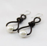 AA Leather Pear Earrings 9mm Rice Freshwater Pearls S925 Sterling Silver
