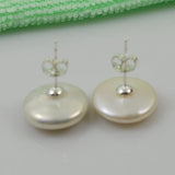 14mm AA Coin Freshwater Pearl Silver Dangle Earrings