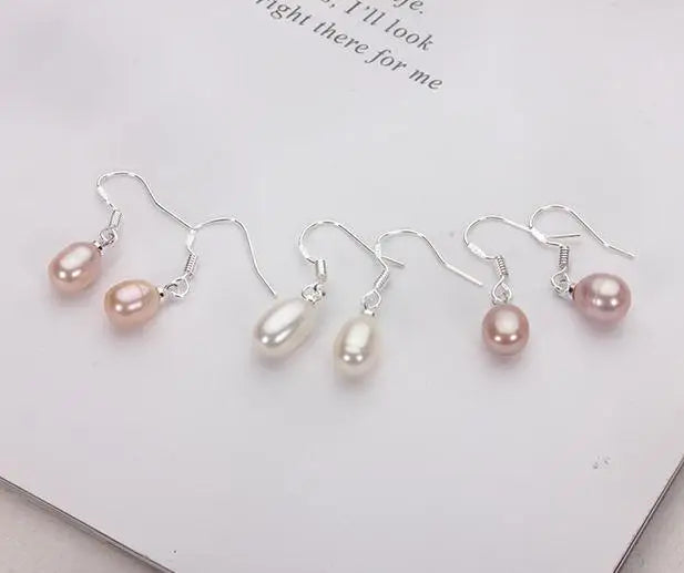 AA Pearl Dangle Earrings 7-9mm Rice Pearl S925 Silver Jewelry