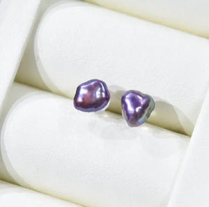 AA Pearl Earrings, Purple Real Pearl Silver Stud Jewelry