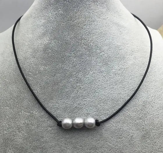 Gray Freshwater Pearl Leather Necklace, Bridal Gift