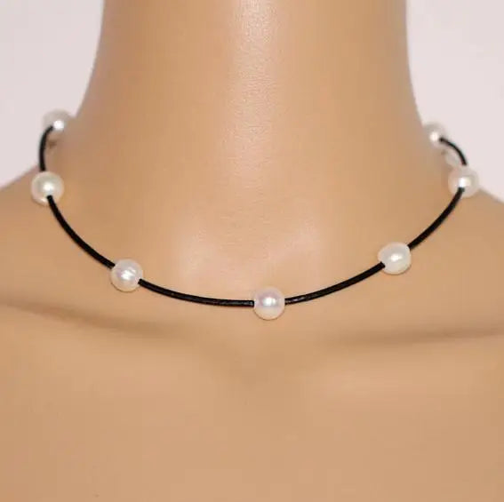 AA Freshwater Pearl Necklace, Leather Choker, Handmade Jewelry