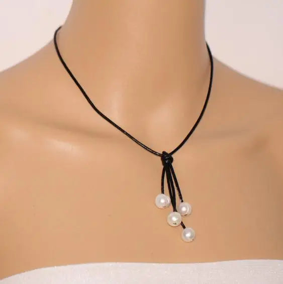 AA Pearl Necklace, Black Leather Freshwater Pearl Jewelry
