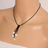 AA Pearl Necklace, Black Leather Freshwater Pearl Jewelry